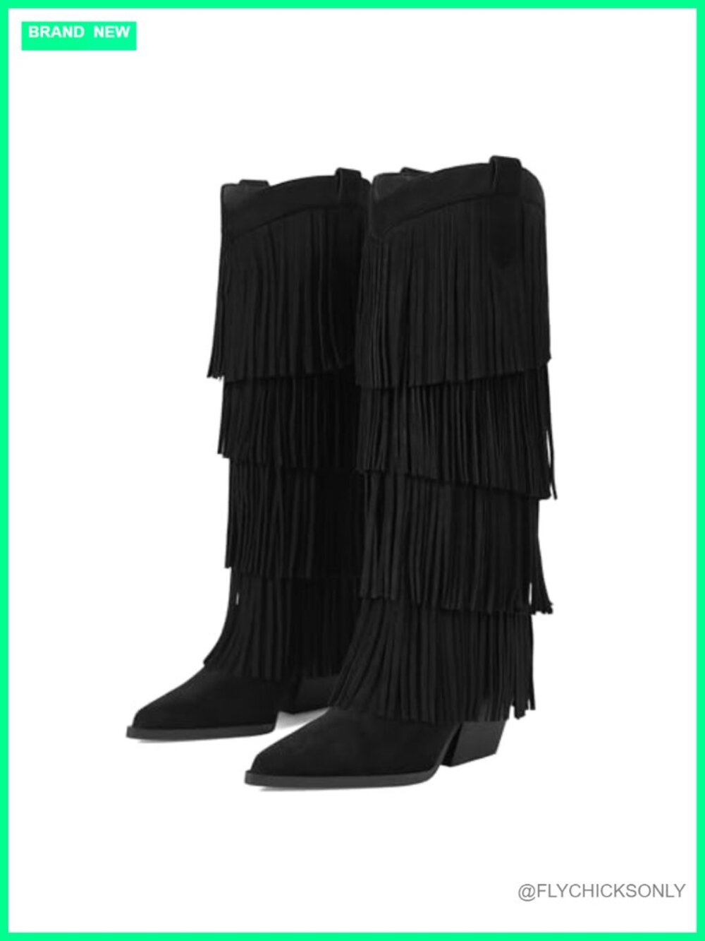 Fringe Knee High Western Boots Chunky Heel Pointed Toe Wide Calf